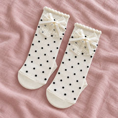 AI folded-pair illustration of opaque white black-dot socks with layered white lace and ribbon bows