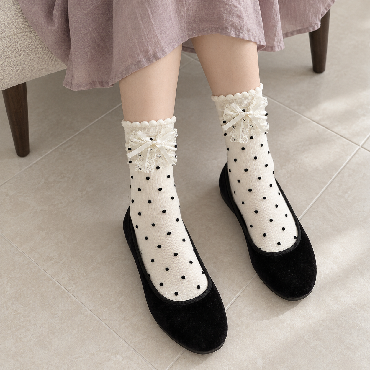 AI high-angle seated styling illustration of white black-dot layered-bow socks with black velvet shoes
