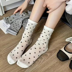 4 Pairs Of Girls Bow And Polka Dot Print Socks, Sweet And Breathable Ruffled Crew Neck Socks - KawaSocks