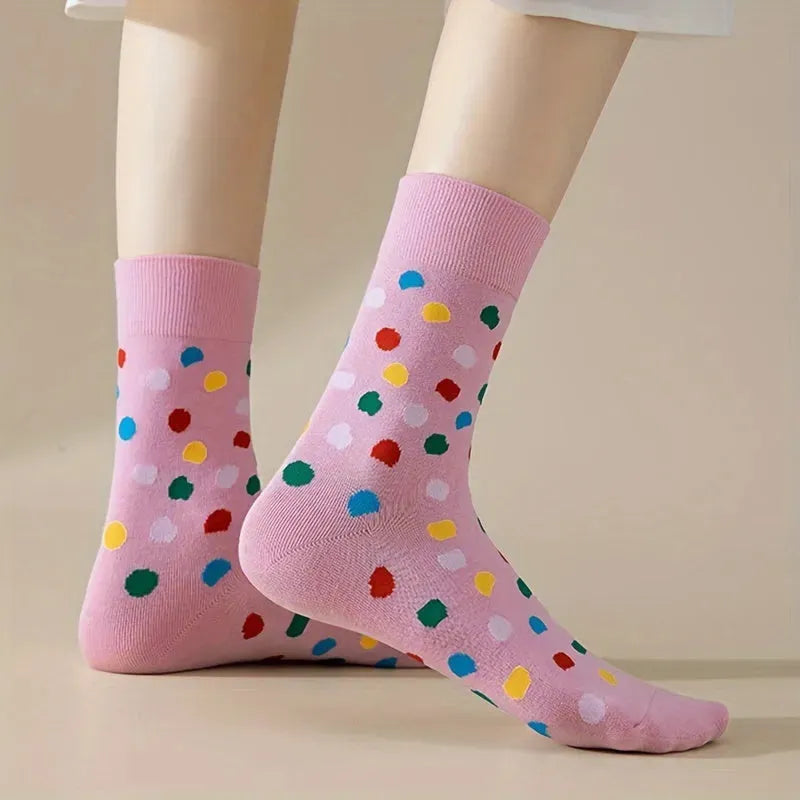 4-Pack Crew Polka Dot Socks for Teens, Comfortable Cotton Blend, All-Season Knit Fabric, Casual Cute Dotted Teen Socks with Stretch - Hand Washable - KawaSocks