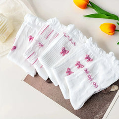 9 Pairs Cute Floral Crew Socks Women Ruffle Frilly Vintage Fancy Korean Slouch Floral Bow Print Socks - KawaSocks