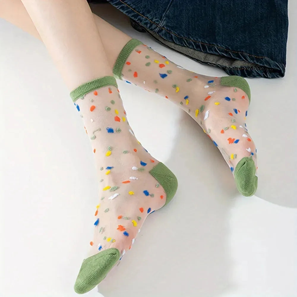 6 Pairs Sweetly Dotted Womens Socks - Lightweight Glass Silk Mid-Tube Style, Fashionable & Breathable, Perfect for Stockings Collection - KawaSocks