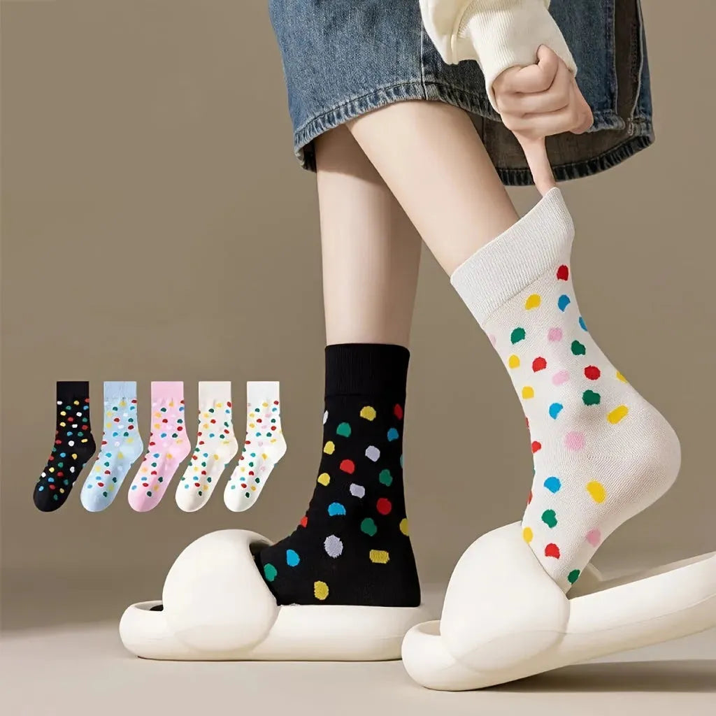 4-Pack Crew Polka Dot Socks for Teens, Comfortable Cotton Blend, All-Season Knit Fabric, Casual Cute Dotted Teen Socks with Stretch - Hand Washable - KawaSocks