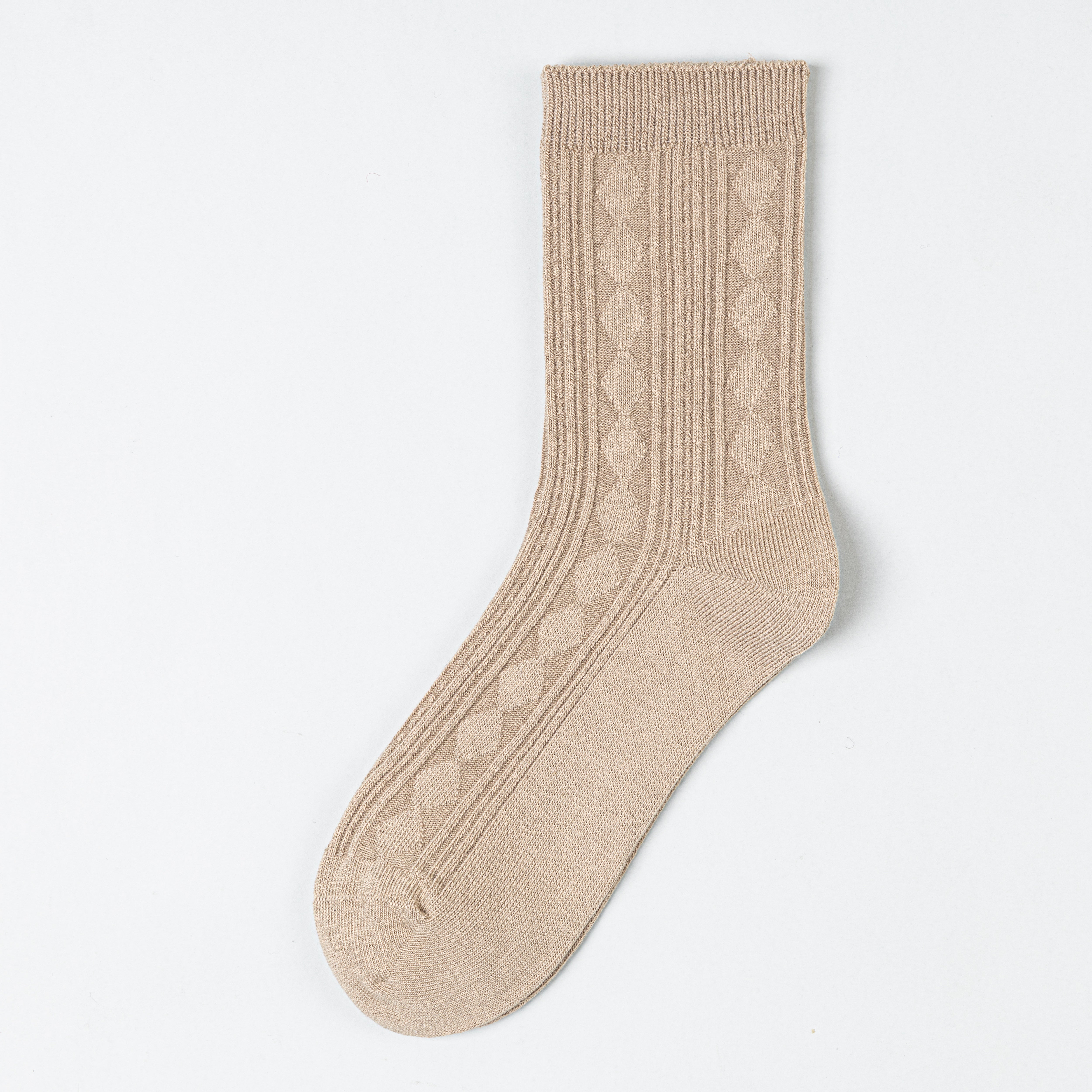 Light Coffee crew sock with raised diamond texture between narrow ribs