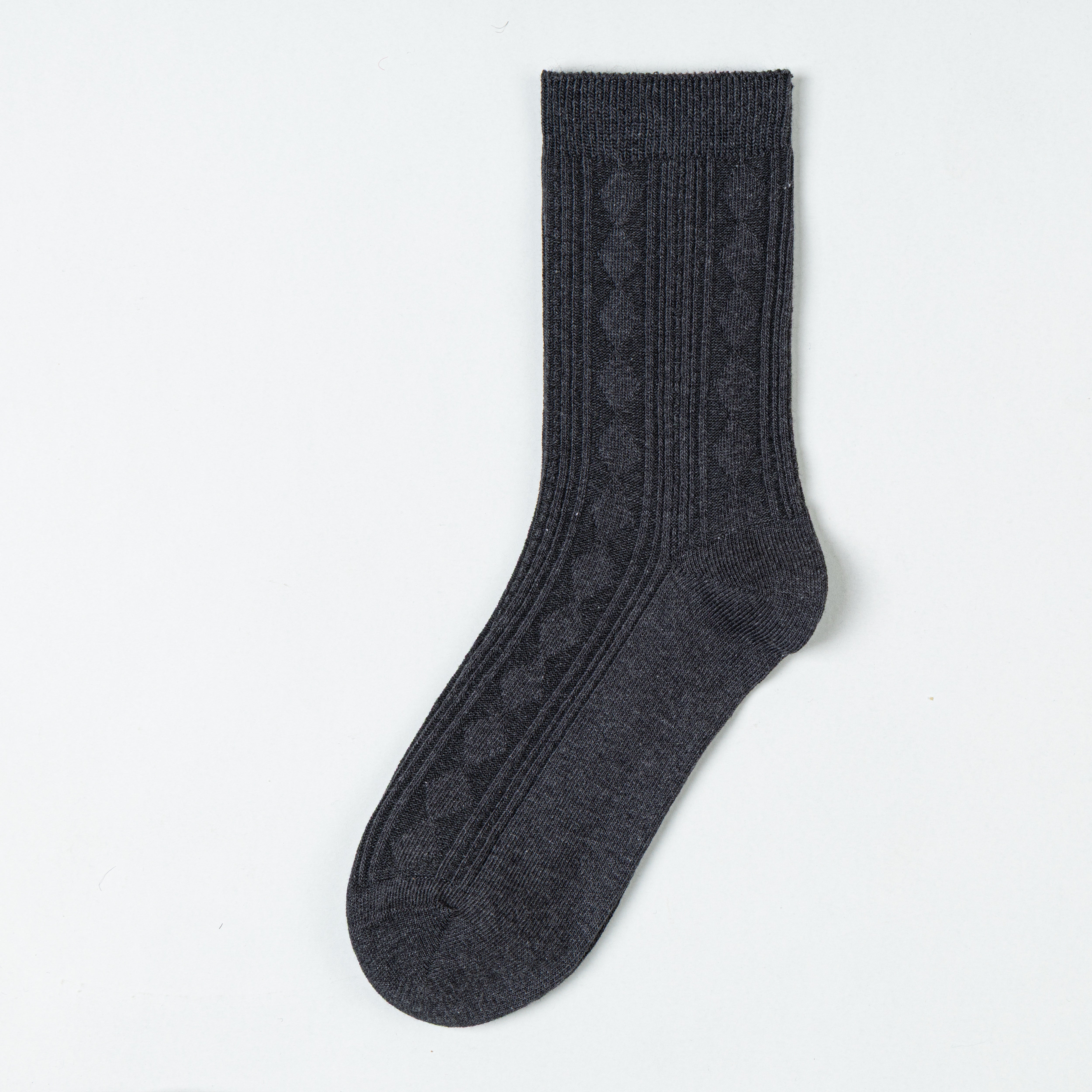 Gray crew sock with diamond panels, vertical ribs and a plain ribbed cuff