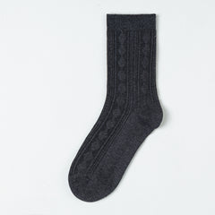 Gray crew sock with diamond panels, vertical ribs and a plain ribbed cuff