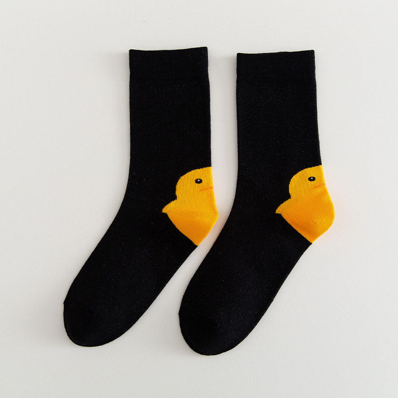 Black crew socks with yellow duck graphics at the heels