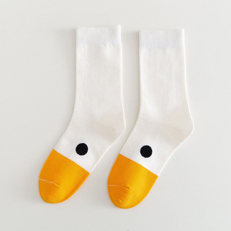 White duck-face crew socks with black round eyes and yellow toes