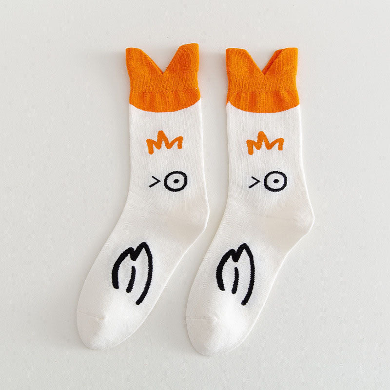 White winking-goose crew socks with orange V-shaped cuffs and black bird artwork