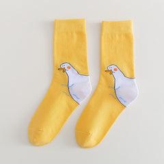 Yellow crew socks with a white goose graphic on each side