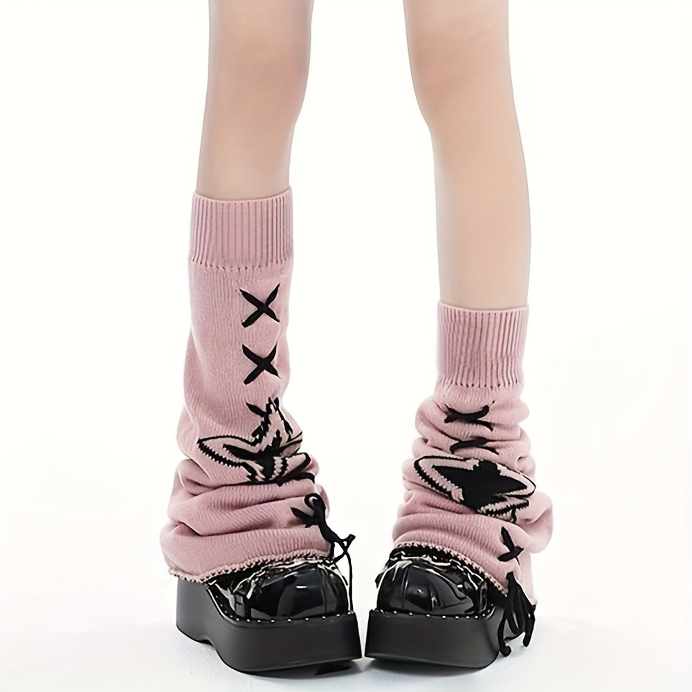 Chic Star-Patterned Cross-Tie Knit Leg Warmers for Women - Fashionable Over-the-Knee Socks, Polyester