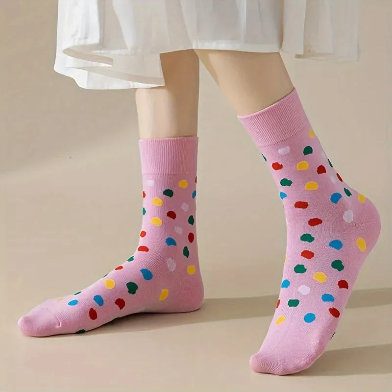 4-Pack Crew Polka Dot Socks for Teens, Comfortable Cotton Blend, All-Season Knit Fabric, Casual Cute Dotted Teen Socks with Stretch - Hand Washable - KawaSocks