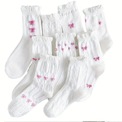 9 Pairs Cute Floral Crew Socks Women Ruffle Frilly Vintage Fancy Korean Slouch Floral Bow Print Socks - KawaSocks