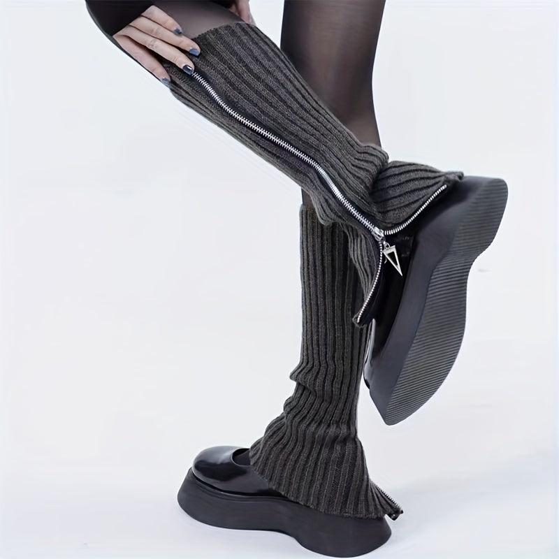 Y2K-Inspired Zip-Up Knit Leg Warmers - Cozy Acrylic, Solid Color, Perfect for Fall/Winter Fashion