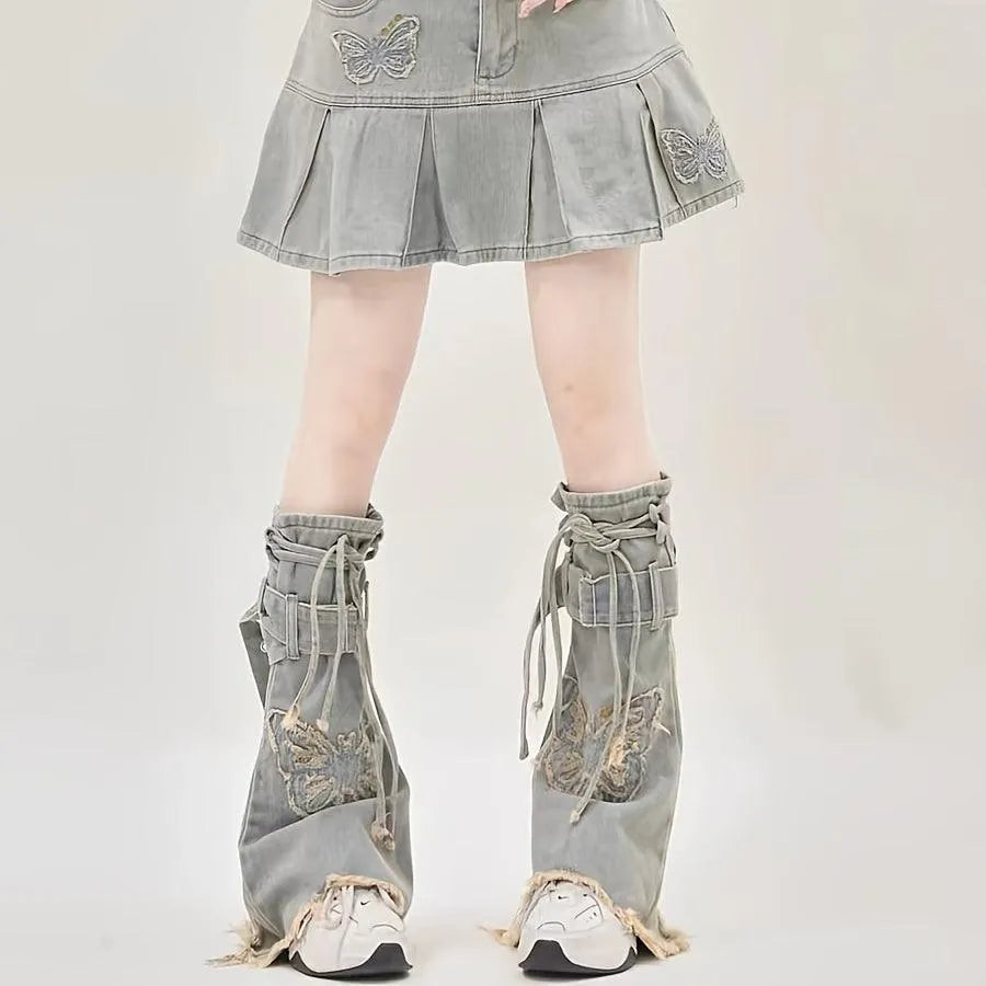 Y2K Style Butterfly Washed Denim Leg Warmers | Y2K Outfits - KawaSocks