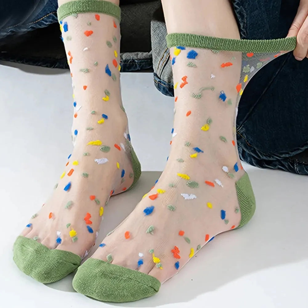 6 Pairs Sweetly Dotted Womens Socks - Lightweight Glass Silk Mid-Tube Style, Fashionable & Breathable, Perfect for Stockings Collection - KawaSocks