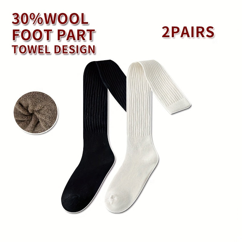 2-Pack Cozy Over-The-Knee Socks for Women, 30% Wool 70% Polyester, Solid Color, Knit Fabric, All-Season, Hand Washable, Thick Ribbed Pattern, Warm Thigh High Stockings for Teens - KawaSocks