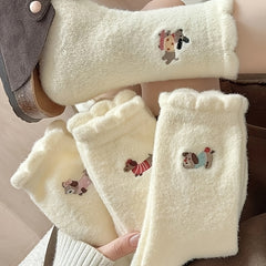 4 Pairs Women'S Winter Warm Fuzzy Socks, Cute Cartoon Plus Velvet Padded, Solid Color Knit Fabric, Polyester 90% Spandex 10%, Hand Washable, 300g/m² - Cozy Japanese Style Floor Sleep Socks