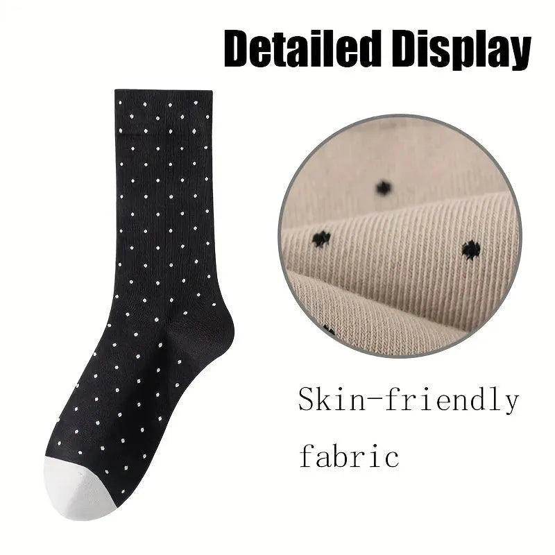 5 Pairs Womens Trendy Polka Dot Mid-calf Socks Crew Casual Cotton Cute Socks Fun Novelty Thin Dress Socks For Girls Gifts Outdoor Sports Deodorant Comfortable And Breathable - KawaSocks