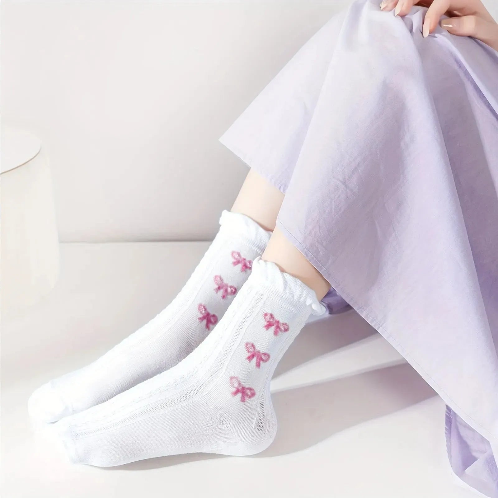 9 Pairs Cute Floral Crew Socks Women Ruffle Frilly Vintage Fancy Korean Slouch Floral Bow Print Socks - KawaSocks