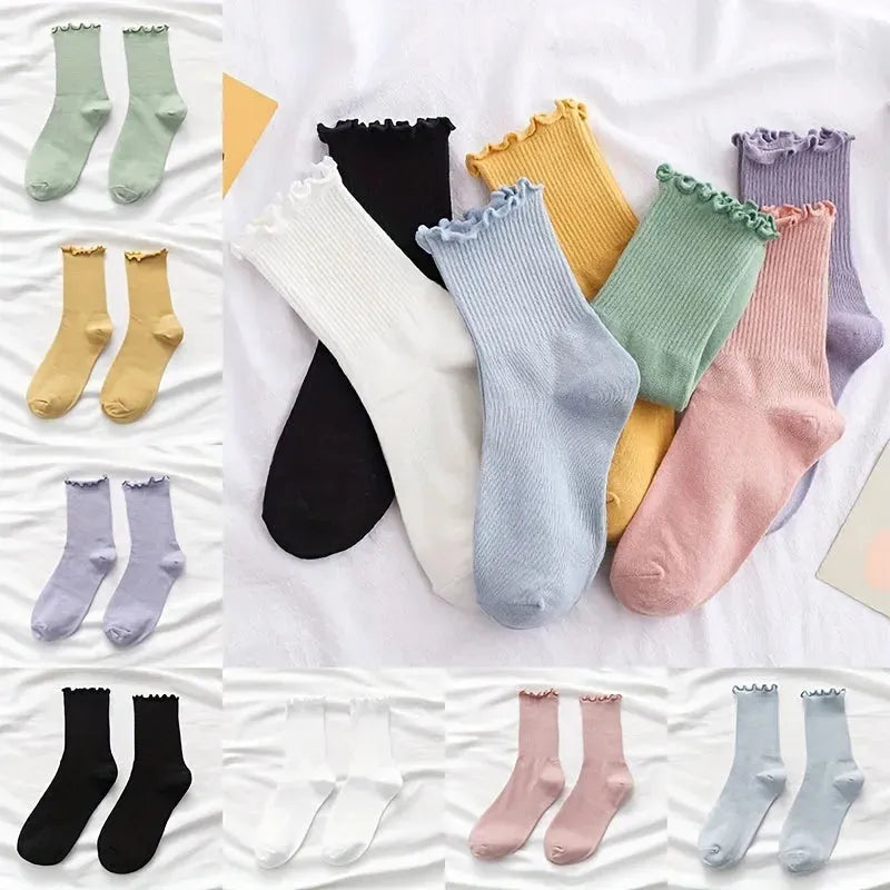 7 Pairs Women's Socks, Ruffle Turn-Cuff Casual Crew Socks Multicolor Breathable Casual Calf Socks Size 6-11 - KawaSocks