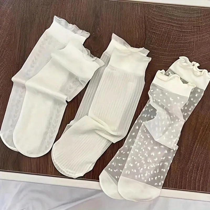 3 Pairs of Soft & Gentle Girls Ultra-thin Crew Socks - Exceptionally Comfy, Breathable, and Super Thin - Adorable Princess Style for Spring and Summer Seasons - KawaSocks