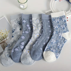 5 Comfy Cartoon Flower Pattern Knitted Socks, Breathable Soft Crew Socks For Outdoor Wearing