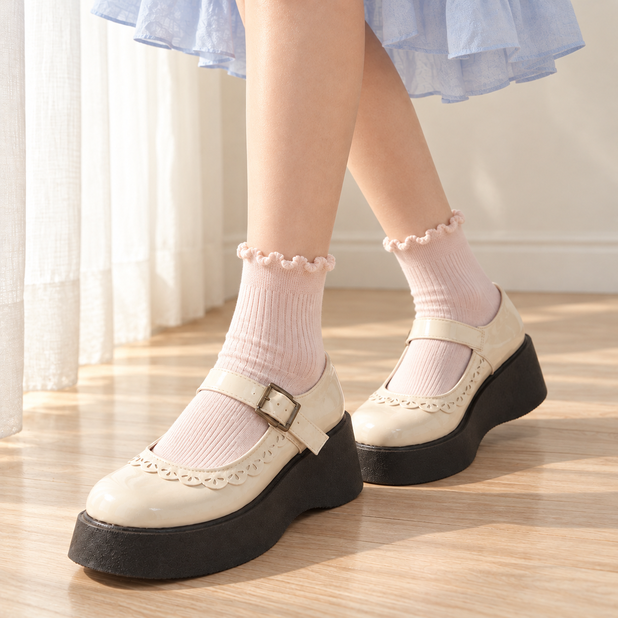 AI styling illustration of Blush Pink fine-rib short socks with matching curled cuffs, a blue skirt and cream Mary Jane shoes