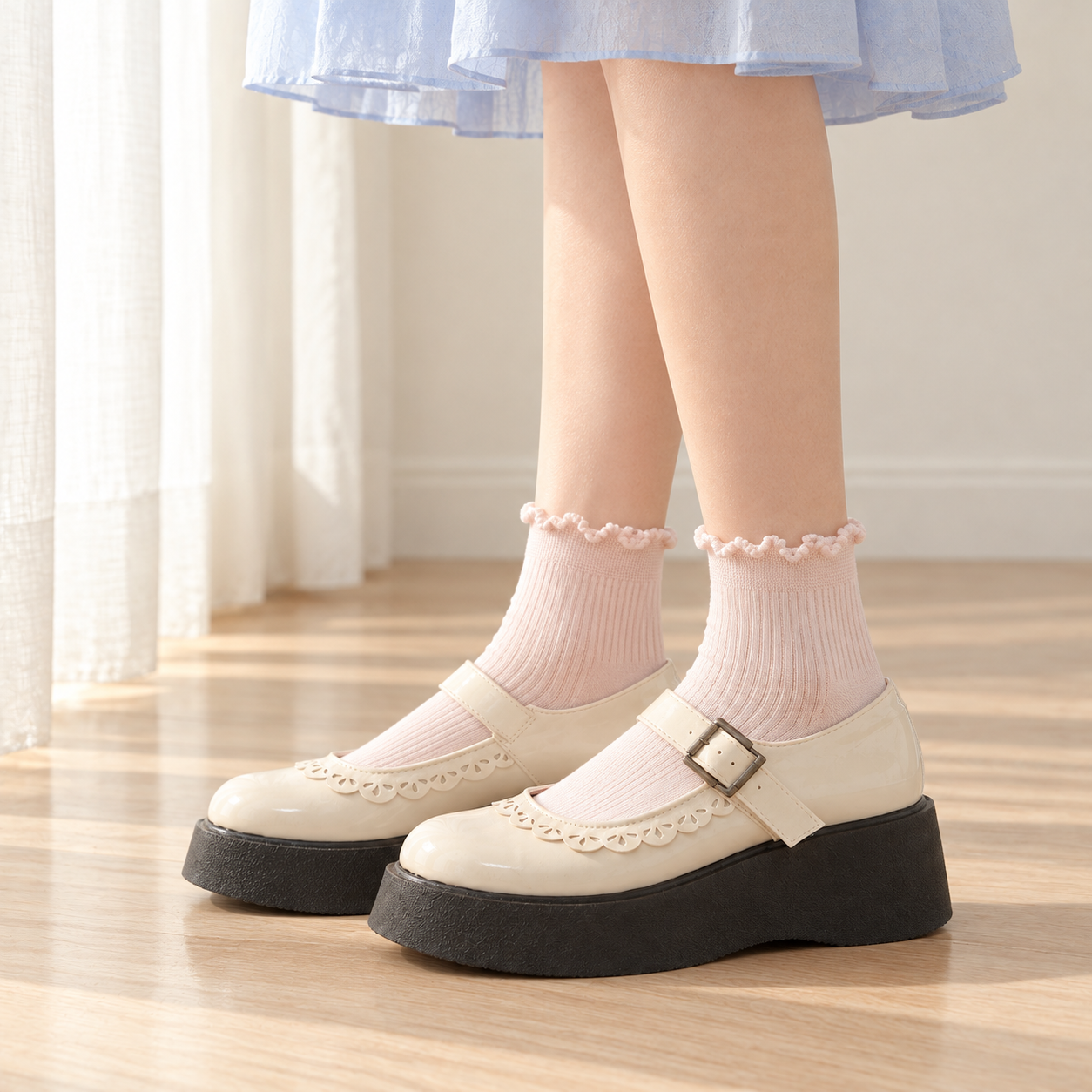 AI supported side-angle outfit illustration of Blush Pink curled-cuff short socks and cream shoes