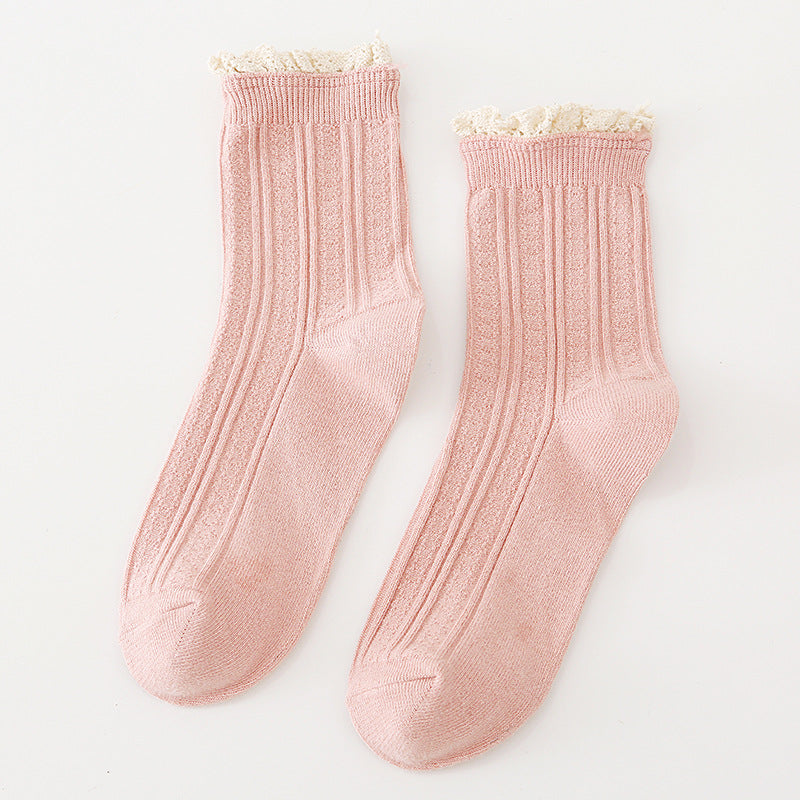 Pair of Pink crew socks with fine straight vertical ribs, textured panels and narrow cream lace edging