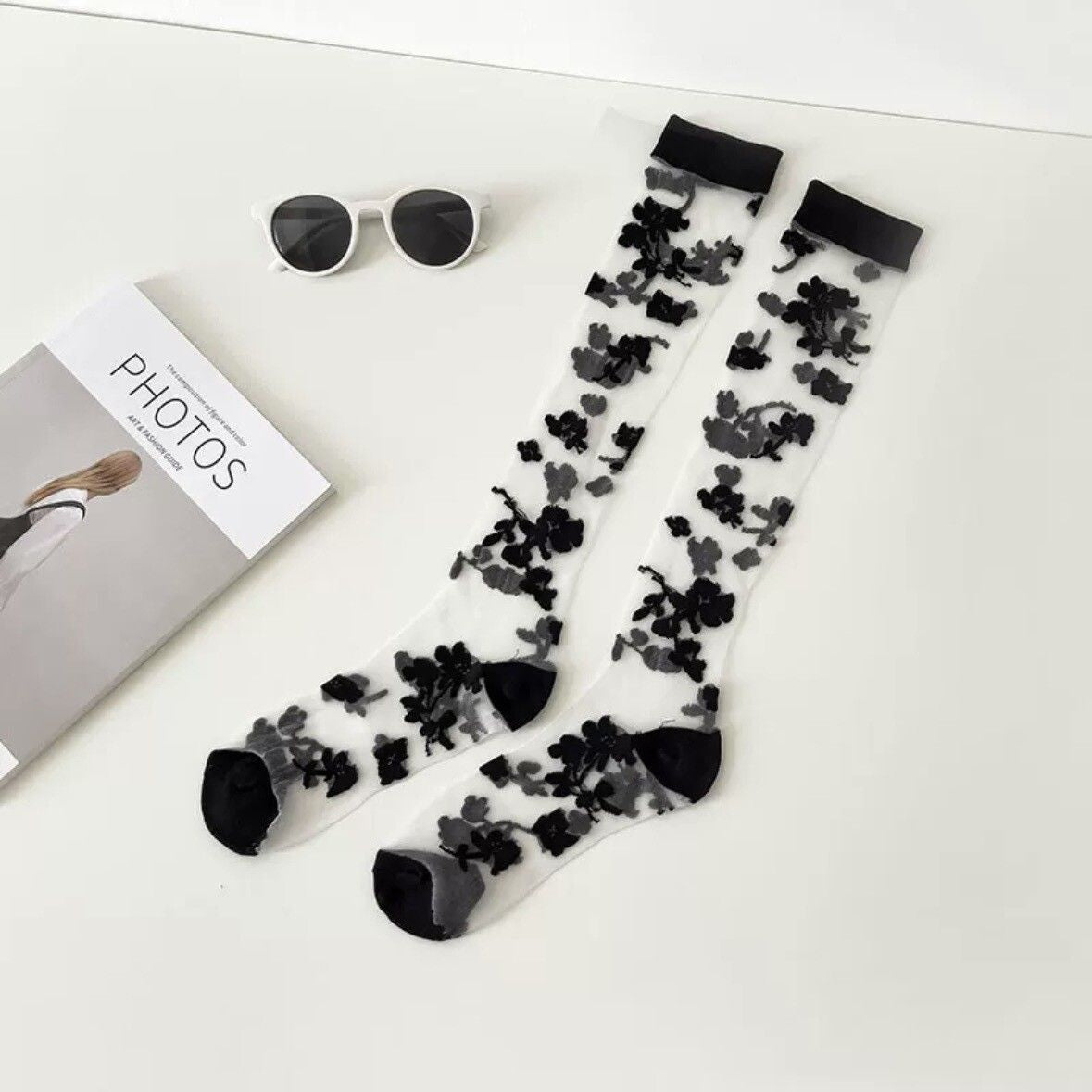 Long floral lace socks in the Sheer Black Floral Color option