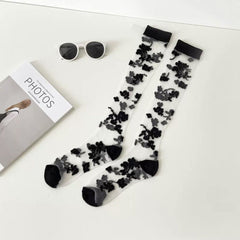 Long floral lace socks in the Sheer Black Floral Color option