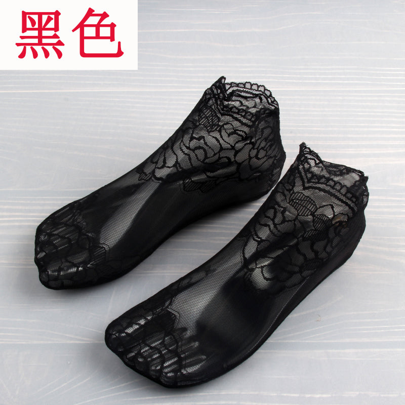Floral lace low-cut socks in the selected Black color