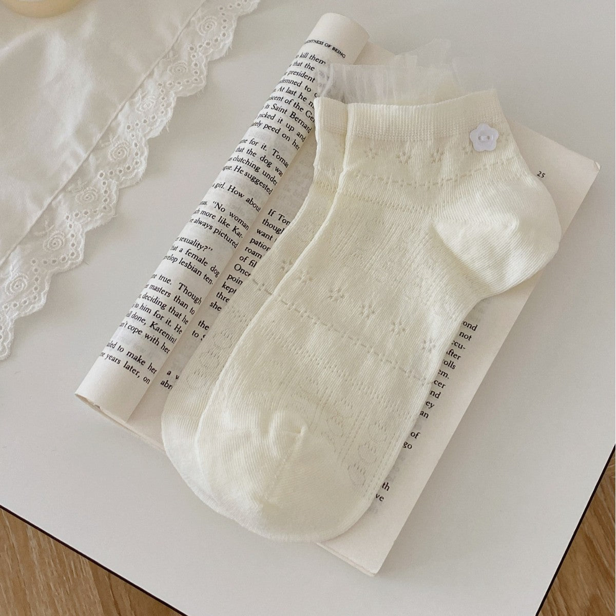 Milk White ankle socks with diamond-like knit texture, white flower-button detail and mesh frills