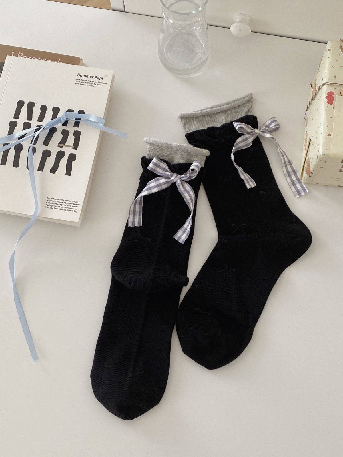 Black with Gray Gingham Bow knit ankle socks, sold as one selected pair