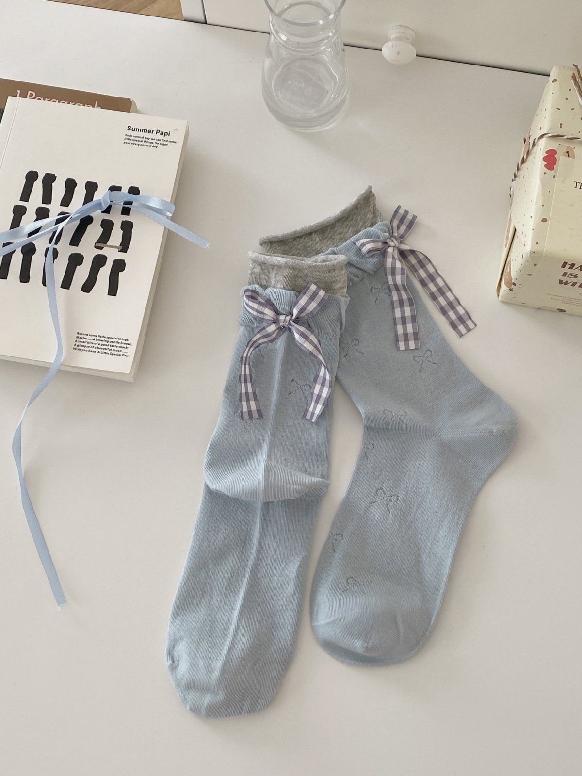 Light Blue with Gray Gingham Bow knit ankle socks, sold as one selected pair
