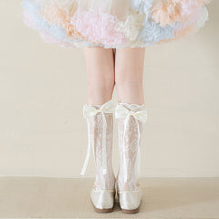 Girls' cream floral lace socks with ivory satin bows and ribbon tails, rear view