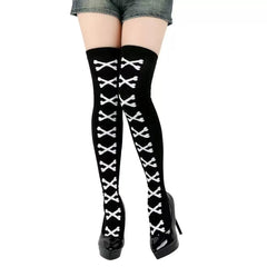 Black over-knee socks with white crossbones and plain cuffs without bows
