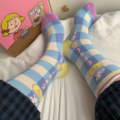 Pastel Grocery Check crew socks with blue and cream checks, purple toes and yellow accents