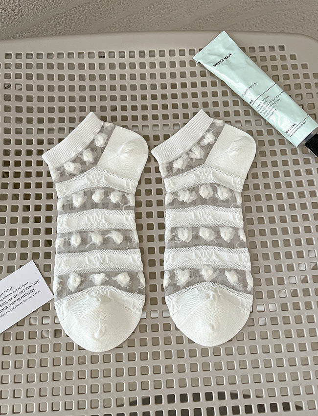 Pair of Heart Mesh ankle socks with sheer heart-pattern panels and denser white bands