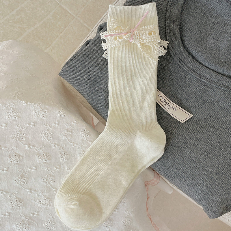 Original supplier photo of a Milky White ribbed sock with a heart-openwork lace bow and fine pink ribbon; sold as one pair