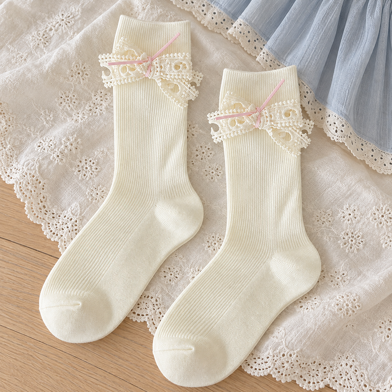 AI flat-lay styling illustration of a matching Milky White ribbed sock pair with localized heart-lace bows