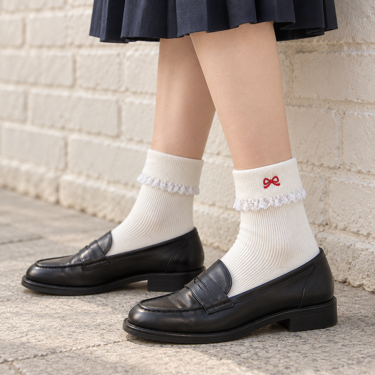 AI outer-side outfit illustration showing the folded rib cuffs, narrow lace below the folds and small red embroidery of White socks