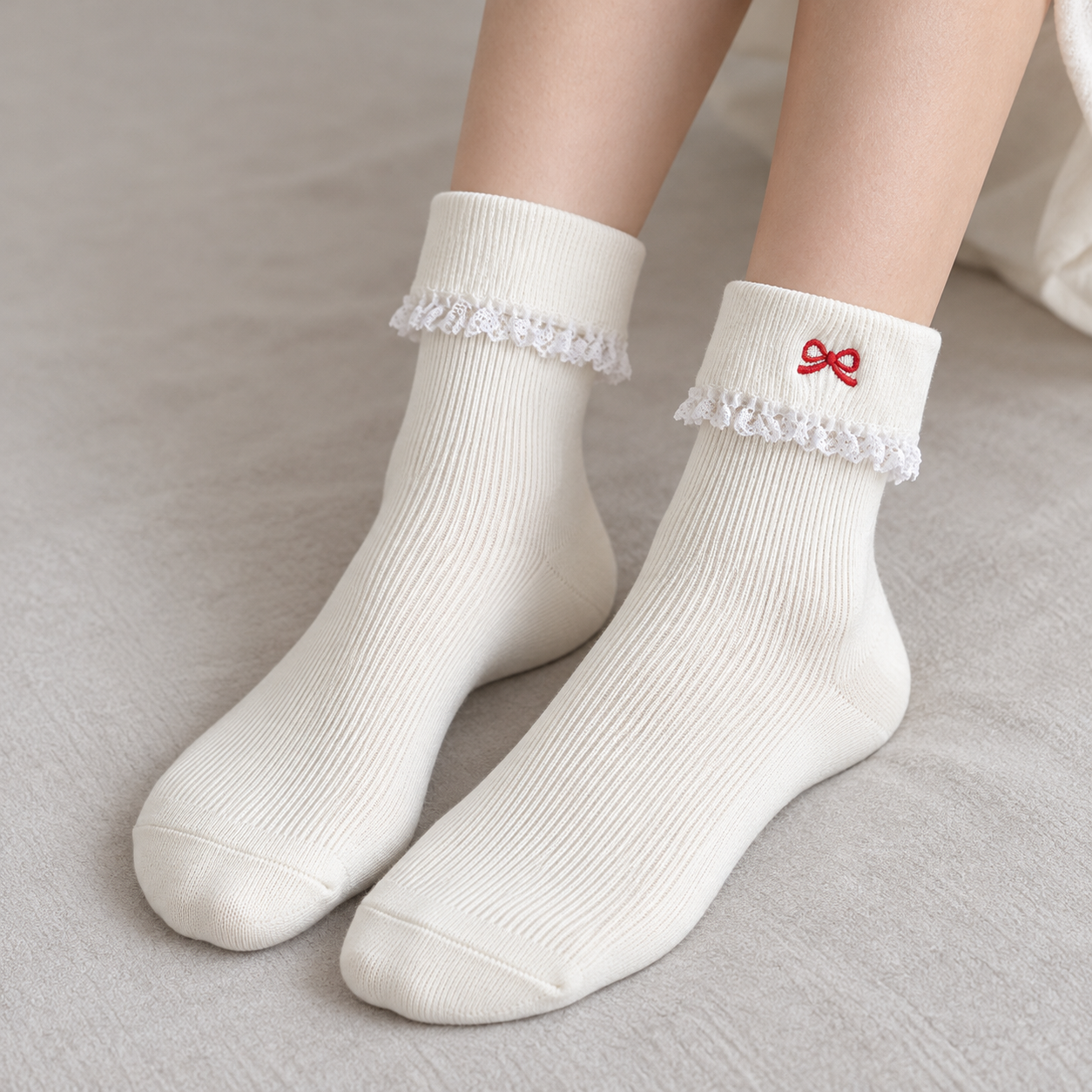 AI unshod styling illustration of supported White ribbed sock feet with folded lace-edge cuffs and plain rounded toes
