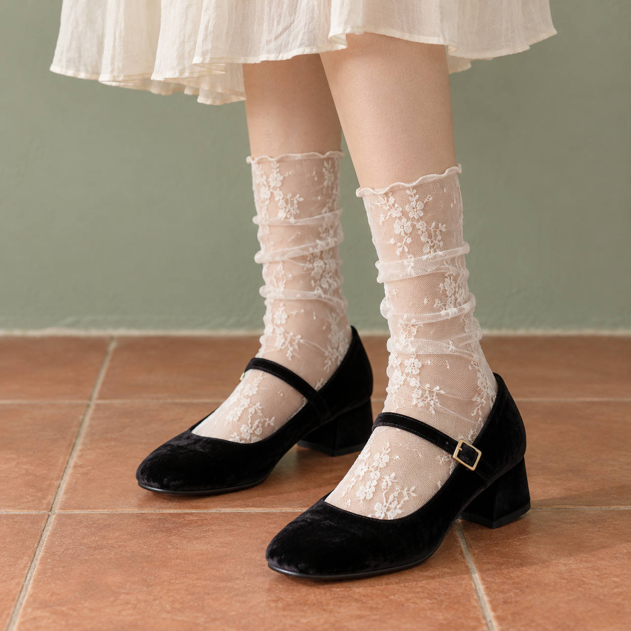 AI styling illustration of White sheer floral socks with small same-color sprigs and narrow rolled rims, worn with black velvet Mary Janes and an ivory skirt