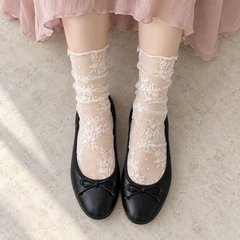AI overhead outfit illustration of White sheer floral socks and black ballet flats beneath a muted pink skirt
