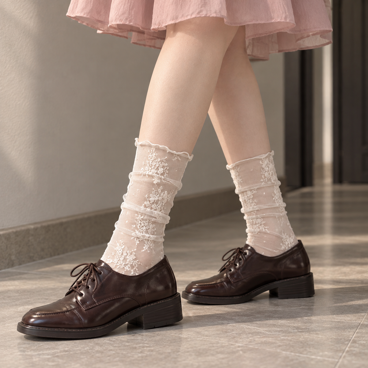AI side-profile outfit illustration of White sheer floral socks with dark brown Oxford shoes and a muted pink skirt