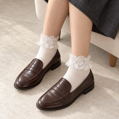 AI outfit illustration of White short socks with broad eyelash-lace cuffs and fine vertical body texture, a charcoal skirt and deep brown loafers.