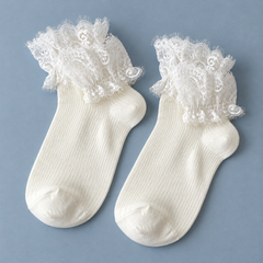 AI product illustration of a matching White short-sock pair with broad eyelash-lace cuffs and fine vertical body texture on blue-gray paper.