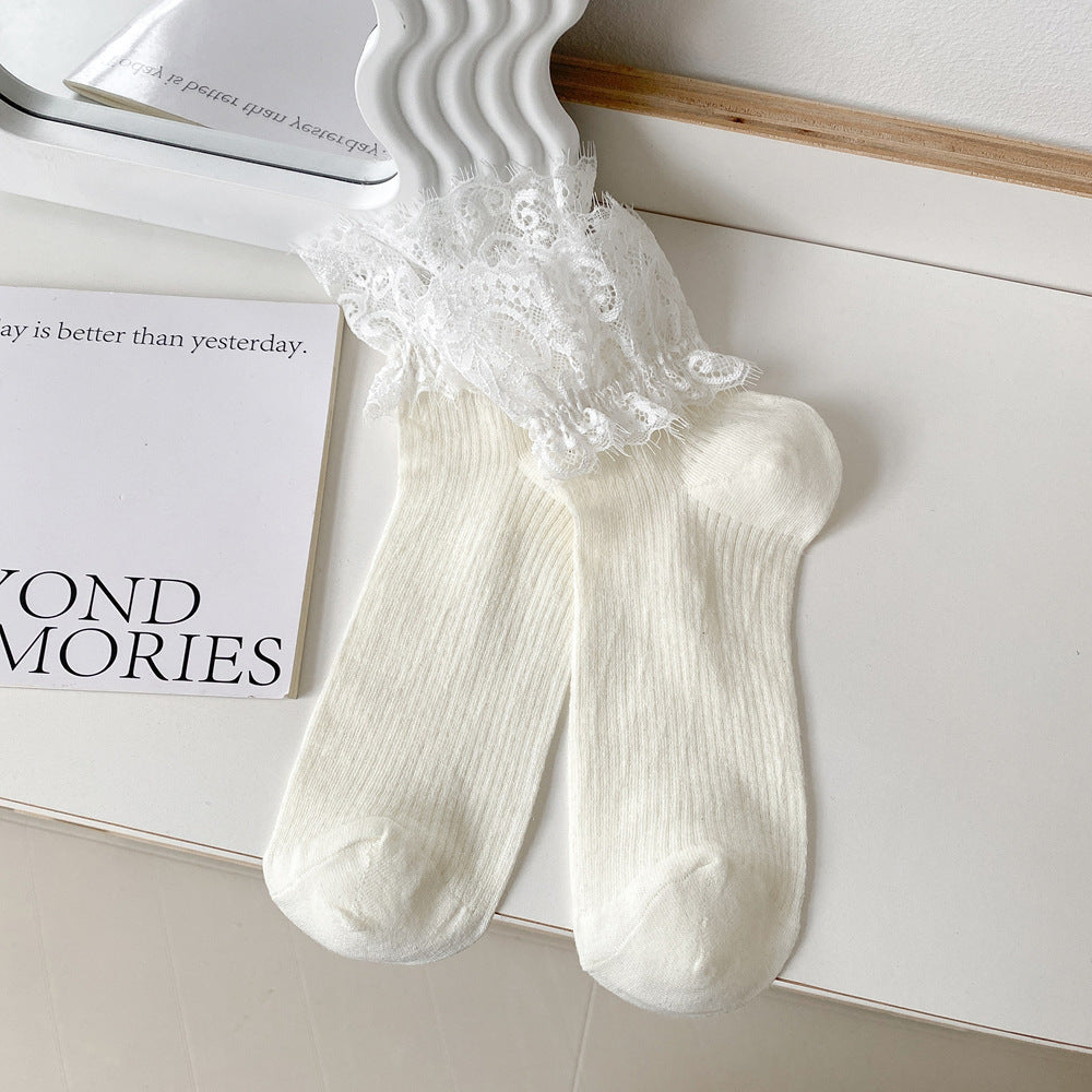Untouched supplier flat reference of the White short-sock pair, showing broad eyelash-lace cuffs, fine vertical body texture and short shaft-to-foot proportions.